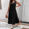 Ärmelloses schwarzes Strickkleid mit V-Ausschnitt, Seitenschlitzen und hoher Taille A-Linie - 3XL / Schwarz