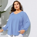 Relaxed fit light blue V-neck blouse for women featuring elegant lantern long sleeves - 1XL / Blue