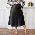 Elegant black satin high-waisted midi A-line skirt with a smooth silky glossy texture - 1XL / Black
