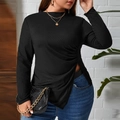 Slim fit black rib-knit long sleeve t-shirt with side slit and drawstring detail - 3XL / Black