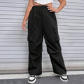 Women's plus size black cargo pants with elastic waist and large flap utility pockets - 1XL / Black