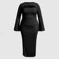 Slim fit black long sleeve dress featuring front cutout, ruched detailing, and side split - 1XL / Black