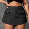 Women's plus size black high waist cargo mini skirt with large flap side pockets - 1XL / Black