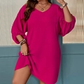 Elegant rose red V-neck loose-fit dress with puff long sleeves and soft fabric - 1XL / Rose Red