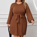 Close-up of brown long sleeve dress with vertical stripe texture and bow waistband detail - 1XL / Dark Brown