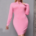 Slim fit bright pink ribbed knit dress with long sleeves and front half-zipper - 1XL / Pink