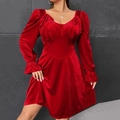 Elegant red velvet long sleeve party dress with square neck and ruffled cuffs - 1XL / Red