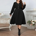 Abito lungo nero taglie forti con scollo a V, dettagli con volant e maniche a sbuffo - 1XL / Nero