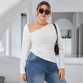 Plus size white long sleeve top with asymmetric off-shoulder neck and side drawstring ruched details - 1XL / White