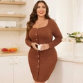 Slim fit chocolate brown ribbed knit dress with long sleeves and elegant pearl buttons - 1XL / Dark Brown