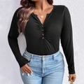 Slim fit black ribbed knit long sleeve Henley shirt with ruched detail and buttons - 1XL / Black