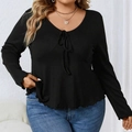 Plus size women's black ribbed knit long sleeve top with V-neck and drawstring detail - 1XL / Black