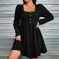 Elegant plus-size black long sleeve dress with square neck and button details - 1XL / Black