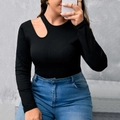 Women's black ribbed knit long sleeve top with asymmetric cutout neckline for a slim fit - 1XL / Black