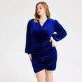 Elegante vestido de terciopelo azul real talla grande con cuello en V y manga larga farol - 1XL / Azul