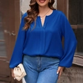Women's V-neck dark blue pleated long sleeve chiffon blouse top and skinny blue jeans - 1XL / Blue