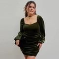 Elegant dark green velvet mini dress with ruched details and a square neckline - 1XL / Army Green