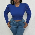 Royal blue ribbed knit crop top with puff sleeves and cross hem wrap design for women - 1XL / Blue