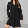 Women's plus size black V-neck long sleeve dress with ruffled cuffs and drape detail - 1XL / Black