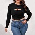 Slim fit black long sleeve crop top with cut-out detail and ribbed texture for women - 1XL / Black