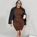 Plus size brown long sleeve ruched dress with slimming drawstring design and bodycon fit - 1XL / Brown