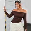 Women's off-shoulder long sleeve top in dark brown with side ruching and slim fit - 1XL / Coffee