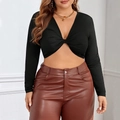Plus size black long sleeve crop top with twist knot front design and deep V-neck - 1XL / Black