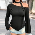 Detail of black ribbed fabric on off-shoulder long sleeve top with halter strap detail - 1XL / Black