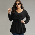 Damen Langarmshirt in Übergröße mit V-Ausschnitt, geraffter Taille und weichem Strick - 1XL / Schwarz