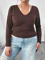Top in maglia aderente marrone scuro con scollo a V e dettagli drappeggiati in vita - 1XL / Marrone Scuro