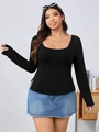Top a maniche lunghe in maglia a coste nere da donna con elegante scollo quadrato - 1XL / Nero