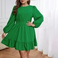 Vibrant green long sleeve dress featuring elastic waist and ruffle hem details - 3XL / Green