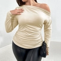 Slim fit beige off-shoulder long sleeve top with ruched waist for stylish women - 1XL / Apricot