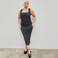 Slim fit black midi dress with square neck, wide straps and side ruching detail - 1XL / Gray