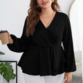 Top elegante in chiffon nero taglie forti con scollo a V e orlo con volant chic - 1XL / Nero