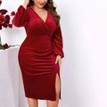 Plus size deep red velvet wrap dress with V-neck long sleeves and side slit detail - 3XL