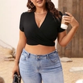 Slim fit V-neck black cropped top with crossover waist design and ribbed texture - 1XL / Black