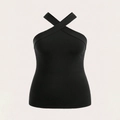 Women's black halter neck top featuring elegant cross-strap design and fitted silhouette - 1XL / Black