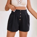 Pantaloncini neri in cotone a vita alta con elastico e bottoni per donna casual - 1XL / Nero