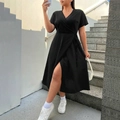 Slim fit black V-neck short sleeve wrap dress with side slit and waist tie detail - 1XL / Black