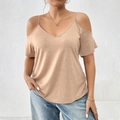 Slim fit cold shoulder V-neck T-shirt in light brown with thin straps and cutout sleeves - 1XL / Orange
