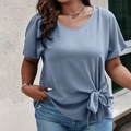 Women's plus size short sleeve blouse in fog blue with side-tie bow detail - 1XL / Blue
