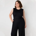 Black sleeveless wide leg jumpsuit for women with ribbed texture and cinched waistline - 1XL / Black