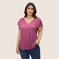 Damen V-Ausschnitt Kurzarm Oberteil in Magenta mit Kordelzug am Ärmeldetail - 1XL / Rosarot
