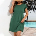 Deep green short sleeve plus size dress with ruffle cuffs and loose fit casual style - 1XL / Dark Green