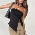Schickes schwarzes Y2K Trägerloses Tube-Top mit seitlichem Kordelzug und asymmetrischem Saum - S / Schwarz