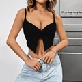 Top corto nero senza maniche da donna con scollo a V, dettaglio a nodo e apertura centrale - S / Nero