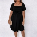 Plus size black square neck dress with short sleeves and pleated waist design - 1XL / Black