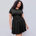Schwarzes Kurzarm-Kleid in Übergröße mit Korsettaillierung und Faltenrock für Damen - 1XL / Schwarz