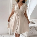 Vestido de verano talla grande cuello V manga volante de algodón lino blanco crema con botones - 1XL / Caqui